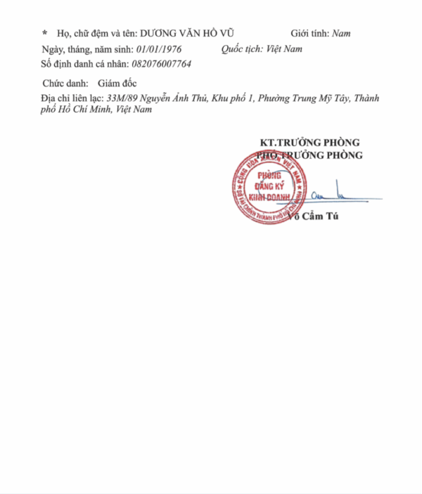 Giấy phép kinh doanh - Mặt sau